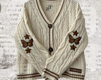 Beige Fearless-Inspired Album Cardigan for Women, Star Butterfly Patches Embroidered, Cardigan, Y2K Jumper, Beige Cardigans, T Name Cardigan