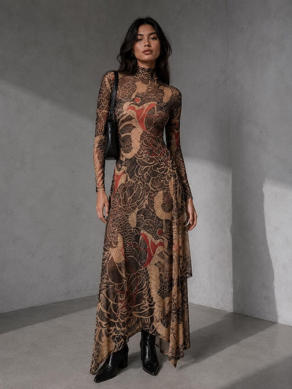 dragon print bodycon dress Sosana - Sleeveless Dragon Print Slim-Fit Asymmetric-Hem Midi Bodycon Dress