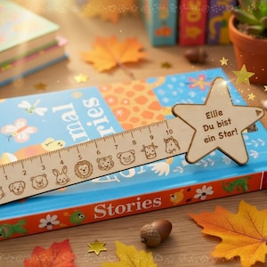 Personalized ruler, bookmark and pointer made of 3 mm birch wood – with animal engraving & desired name for starting school or bookworms