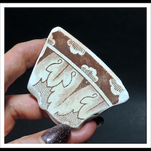 May include: A fragment of antique pottery with a brown and cream floral design. The piece features a repeating pattern of stylized leaves and cloud-like shapes, with a dotted border. The pottery shard is held against a dark background.