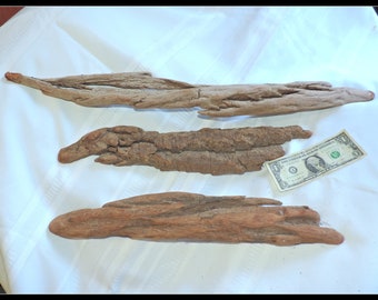 3 long bark Driftwood Pieces natural, surf tumbled / flat wood bars for crafting, home decor or any project /  ZZ70