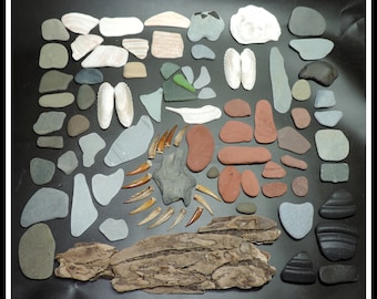 80+ pieces MIX SET of sea glass, shell parts, and beach stones / For collages, nature pictures, crafting and crafts / DD21