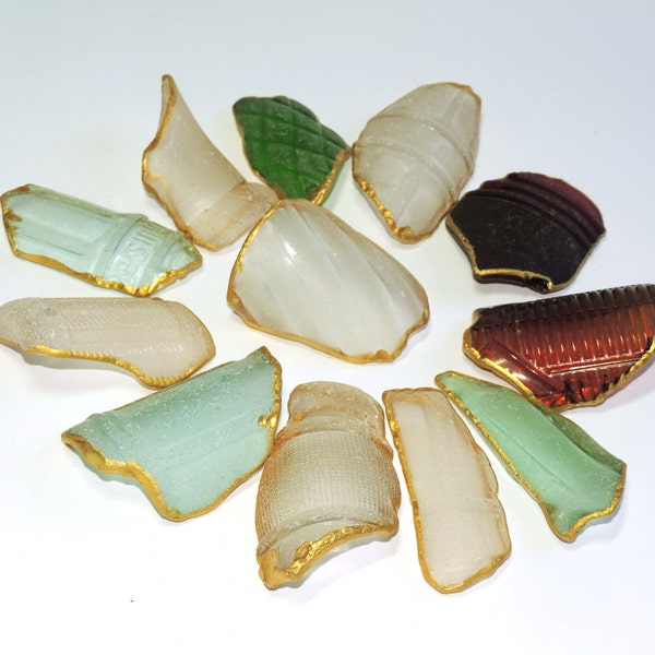 12 Large Historic patterned SEA GLASS / Golden Touch / for party, wedding, guest book/ Golden touch P47