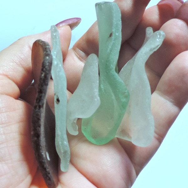 5 Thin BONFIRE Surf-tumbled SEA GLASS natural, beach found / Ready to become pendants / 5 pieces / B37