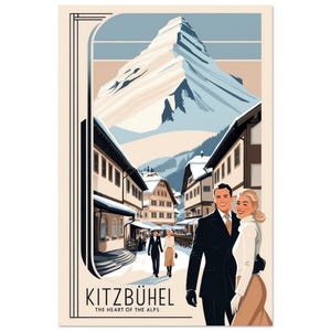 Kitzbühel traditional travel print - Austria, Kitzbuhel poster, Ski poster, Ski resort print, Wedding gift, Birthday present