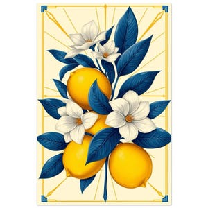 Lemon Wall Art Print – Mediterranean Citrus Poster with White Flowers, Blue and Yellow Retro Botanical Kitchen Decor, Summer Fruit