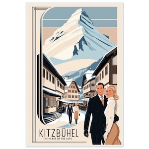 Framed Kitzbühel traditional travel print - Austria, Kitzbuhel poster, Ski poster, Ski resort print, Wedding gift, Birthday present