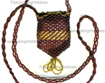 Vintage -Handmade Crocheted PURSE- Brown,Gold BEADS- VICTORIAN - very long braided Handle- can be wear as a Necklace - very good condition