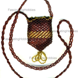 Vintage Handmade Crocheted PURSE Brown,Gold BEADS VICTORIAN very long braided Handle can be wear as a Necklace very good condition image 1