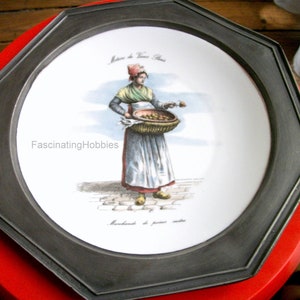 Vintage LIMOGES PLATE WOMAN selling baked Pears in Basket Old Paris' crafts signed on the China, original paper labels for the Pewter image 2