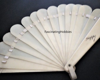 Art Nouveau CELLULOID Hand Held FAN, original White Ribbon, 14 plain sticks + 1 Guard incised French Normandy town DIEPPE - 1900 Souvenir