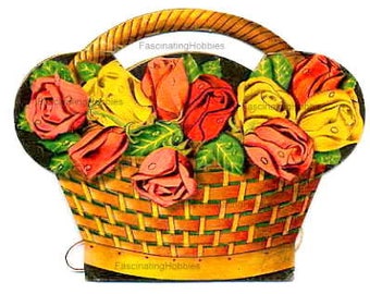 Vintage SEWING NEEDLES paper Book HOLDER - Roses in Basket- Art Deco - printed fresh colorful flowers - good condition- years 1920- Foreign