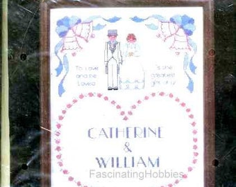 1985 -WEDDING SAMPLER, Full KIT- Charming, Janlynn- Mint Cross Stitch Needlework in package- Cotton Floss, Aida fabric- English instructions