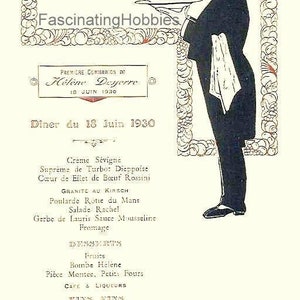 1930 - 18 de junio - Menú de papel francés PRIMERA COMUNIÓN diseñado vintage - Comida gourmet y vinos finos - Hôtel du Rocher de CANCALE -