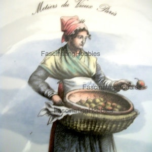 Vintage LIMOGES PLATE WOMAN selling baked Pears in Basket Old Paris' crafts signed on the China, original paper labels for the Pewter image 1