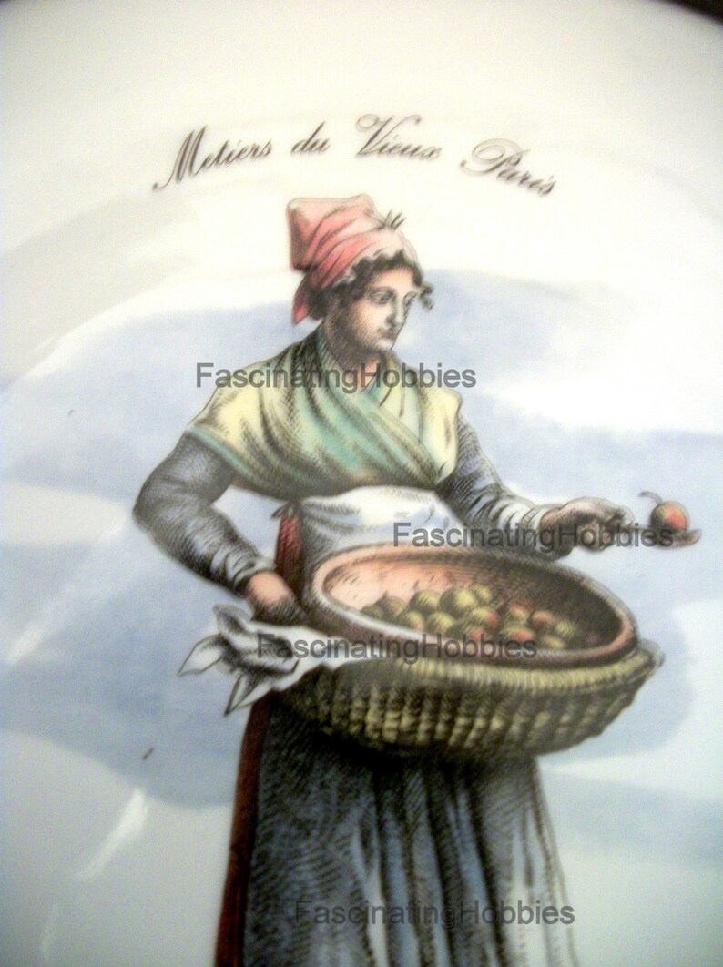 Vintage LIMOGES PLATE WOMAN selling baked Pears in Basket Old Paris' crafts signed on the China, original paper labels for the Pewter image 1