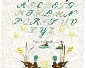 Vintage- ALPHABET- DUCKS, BIRDS, Sampler - Handmade embossed colorful Cross Stitch - very good condition - need to be framed - Green, Yellow