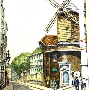 1953 - Acquerello d'epoca - MOULIN de la GALETTE - PARIGI Francia - era un famoso cabaret - Pittura autentica su carta - Firmato e datato - Buone condizioni