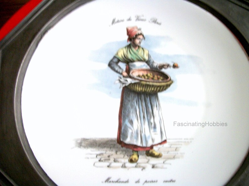 Vintage LIMOGES PLATE WOMAN selling baked Pears in Basket Old Paris' crafts signed on the China, original paper labels for the Pewter image 3