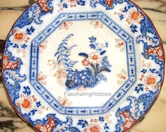 Vintage DAVENPORT Blue CHANTILLY- XIX century - Soup Plate, Hues of Terracotta, Cobalt blue- 2  back Stamps, red script 756, good condition