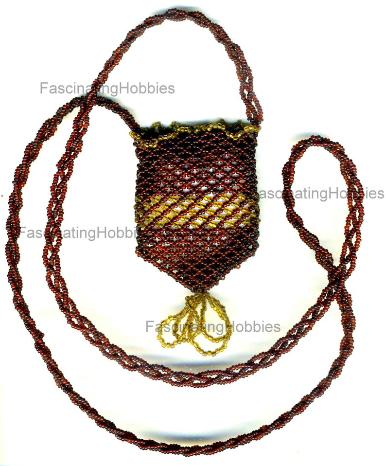 Vintage Handmade Crocheted PURSE Brown,Gold BEADS VICTORIAN very long braided Handle can be wear as a Necklace very good condition image 1