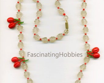 Art Deco 5 pairs Red GALALITHE CHERRIES and Green leaves,white spiral shaped & small round red beads long NECKLACE- Elegant Costume Jewelry