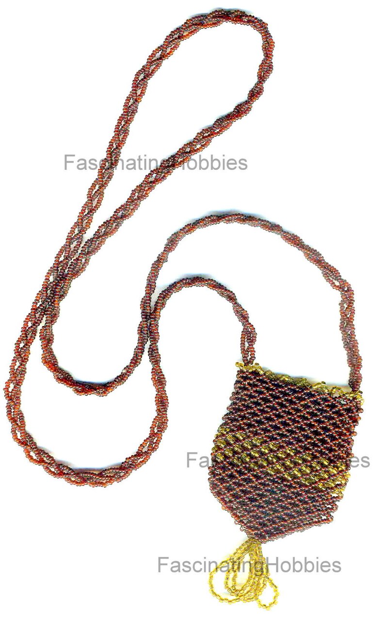 Vintage Handmade Crocheted PURSE Brown,Gold BEADS VICTORIAN very long braided Handle can be wear as a Necklace very good condition image 2