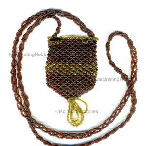 Vintage Handmade Crocheted PURSE Brown,Gold BEADS VICTORIAN very long braided Handle can be wear as a Necklace very good condition image 3