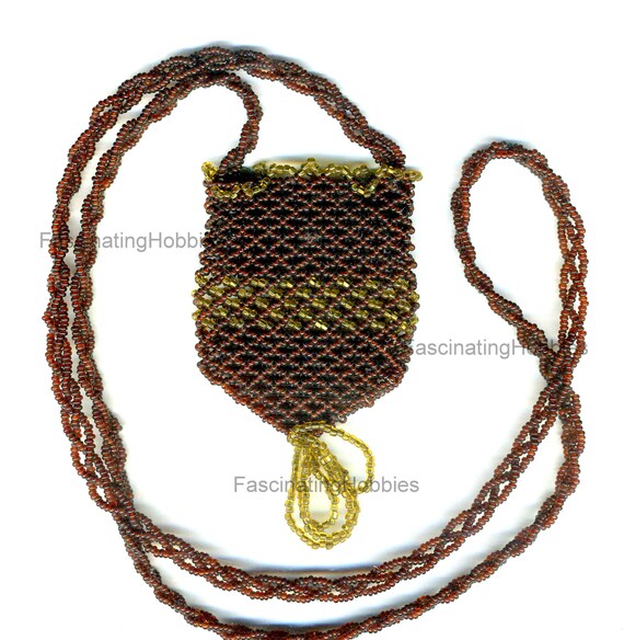 Vintage -Handmade Crocheted PURSE- Brown,Gold BEA… - image 3