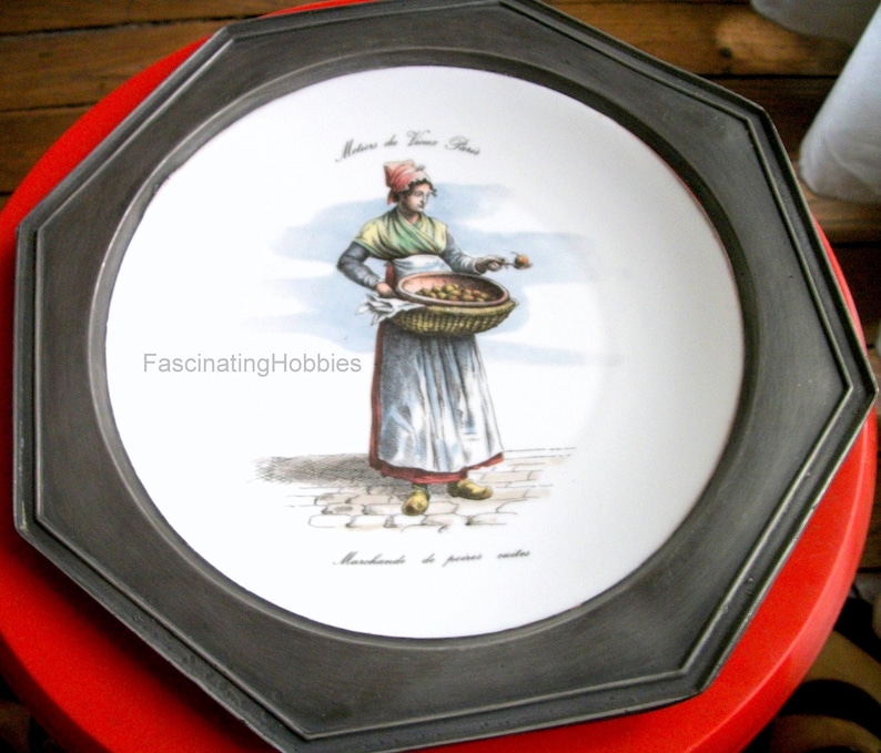 Vintage LIMOGES PLATE WOMAN selling baked Pears in Basket Old Paris' crafts signed on the China, original paper labels for the Pewter image 2