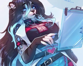 May include: An anthropomorphic character with dark fur and blue highlights, wearing a white lab coat over a black and red top and a blue skirt with pink heart patterns. The character holds a blue clipboard with the text THIS ISN'T IN YOUR FILE.