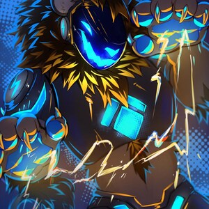 May include: Digital art of a robotic character with a blue glowing face and accents. The character has brown fur and is wearing a dark suit with blue and yellow highlights. Lightning bolts emanate from the character's hands, and the background is blue.