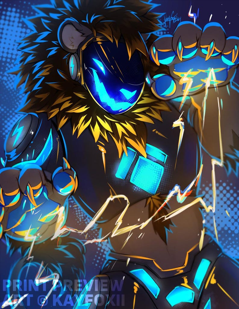 May include: Digital art of a robotic character with a blue glowing face and accents. The character has brown fur and is wearing a dark suit with blue and yellow highlights. Lightning bolts emanate from the character's hands, and the background is blue.