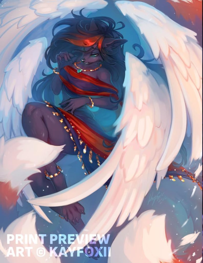 May include: Digital art print featuring a fantasy creature with dark fur, large white wings, and a red and blue draped garment. The creature wears gold jewellery and has a calm expression. Text at the bottom reads "PRINT PREVIEW ART &copy; KAYFOXII."