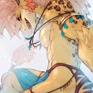 May include: A digital illustration of an anthropomorphic leopard character with tan fur, dark spots, and a large, spiky, light-colored mane. The character wears a blue loincloth, gold armbands with teal feathers, and a thin necklace. Text reads PRINT PREVIEW ART &copy; KAYFOXII.