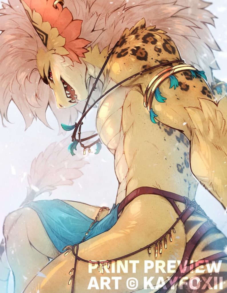 May include: A digital illustration of an anthropomorphic leopard character with tan fur, dark spots, and a large, spiky, light-colored mane. The character wears a blue loincloth, gold armbands with teal feathers, and a thin necklace. Text reads PRINT PREVIEW ART &copy; KAYFOXII.