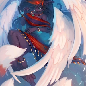 May include: Digital art print of a mythical creature with dark fur, large white wings, and a red and blue draped garment. The artwork features gold jewellery and the text "PRINT PREVIEW ART @KAYEFOXII".