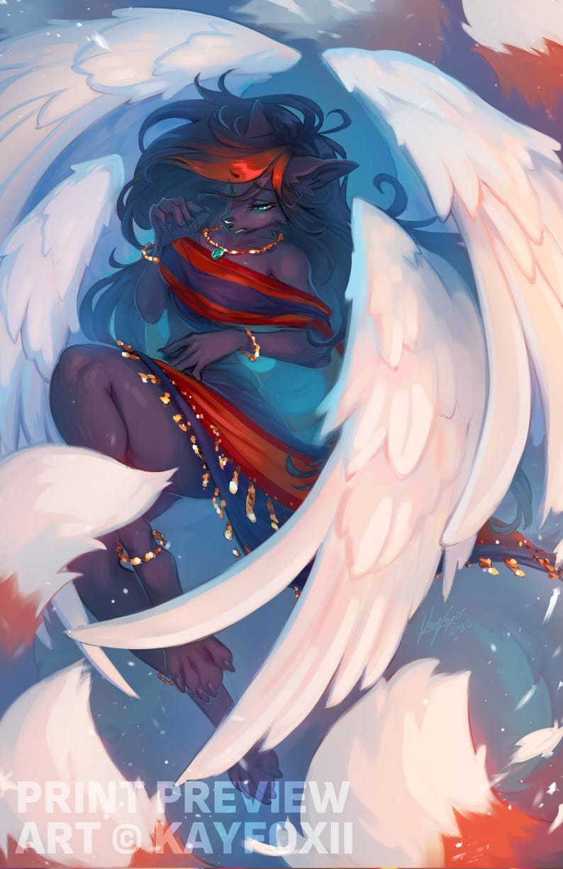 May include: Digital art print of a mythical creature with dark fur, large white wings, and a red and blue draped garment. The artwork features gold jewellery and the text "PRINT PREVIEW ART @KAYEFOXII".