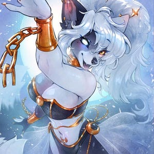 Puede incluir: Una ilustraci&oacute;n digital de un personaje lobo antropom&oacute;rfico con pelaje blanco, ojos brillantes y cabello largo adornado con accesorios en forma de estrella. El personaje viste un conjunto negro y dorado con cadenas y un emblema de media luna.