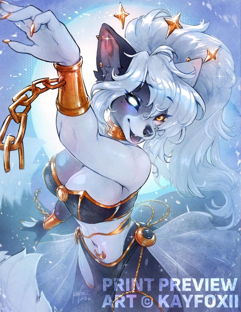 Puede incluir: Una ilustraci&oacute;n digital de un personaje lobo antropom&oacute;rfico con pelaje blanco, ojos brillantes y cabello largo adornado con accesorios en forma de estrella. El personaje viste un conjunto negro y dorado con cadenas y un emblema de media luna.