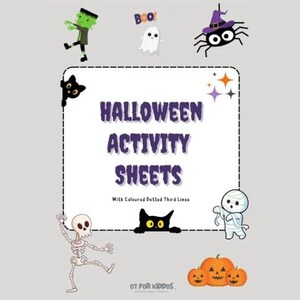 Può includere: Fogli di attività di Halloween con linee tratteggiate di terzo colore. L'immagine presenta una varietà di personaggi di Halloween, tra cui un fantasma, un ragno, uno scheletro, una mummie, un gatto nero e un mostro di Frankenstein. Il testo "Halloween Activity Sheets" è scritto in lettere viola su uno sfondo bianco.