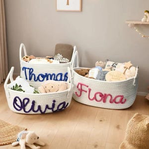Cesta con nombre para recién nacido personalizada, cesta de regalo para baby shower, cesta de pañales personalizada, cesta de almacenamiento de juguetes de algodón con cuerda