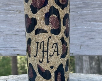 Free shipping, Leopard monogram Glitter Epoxy free Tumbler, Stainless Steel Tumbler, Birthday Gift, Bridesmaid Gift