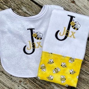 Bee Baby Bib and Burp Cloth Monogrammed name baby boy gift baby girl gift baby shower gift new born gift image 1