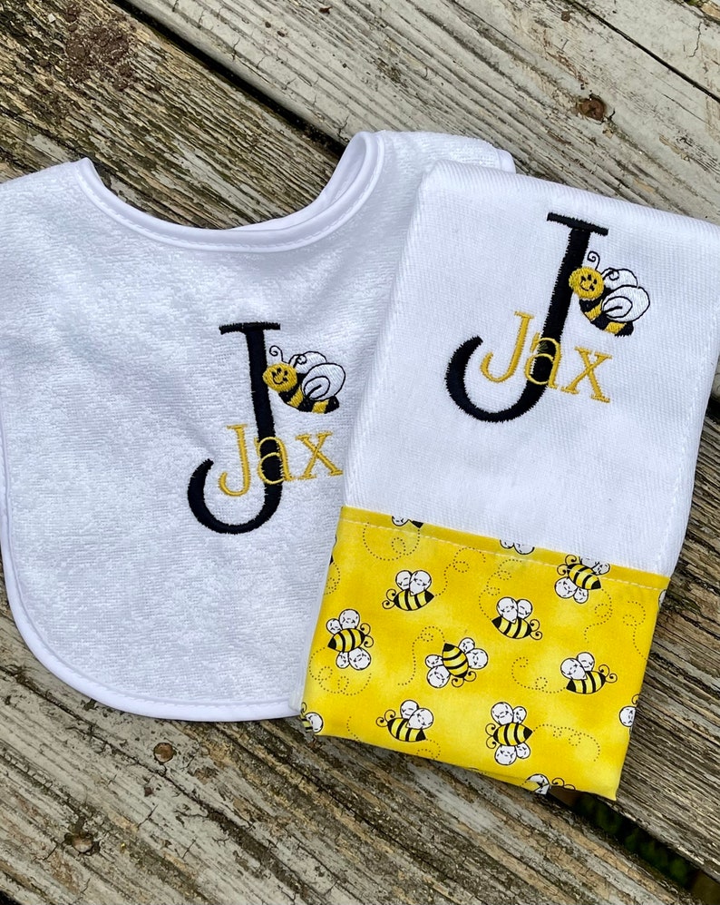 Bee Baby Bib and Burp Cloth Monogrammed name baby boy gift baby girl gift baby shower gift new born gift image 1