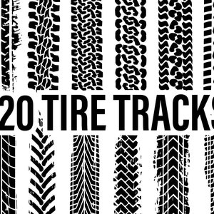 May include: Twenty black and white tire track patterns. The tire tracks are arranged in two rows of ten. The text "20 TIRE TRACKS" is in the center of the image.