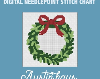 Holiday Christmas Wreath with red bow Digital Needlepoint Stitch Chart - 14 Mesh