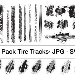 May include: A set of 23 black and white tire track graphics in JPG and SVG format. The graphics include tire tracks, tire marks, and tire skid marks.