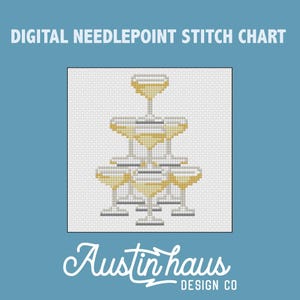 May include: Digital needlepoint stitch chart featuring a champagne tower design. The image shows a stack of champagne glasses in a cross-stitch style, with the text "DIGITAL NEEDLEPOINT STITCH CHART" at the top and "Austin Haus DESIGN CO" at the bottom.