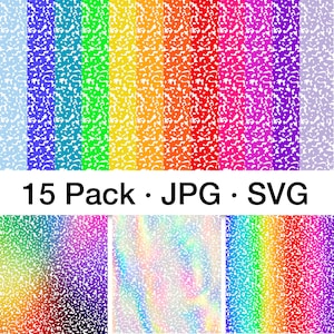 Pode incluir: Um conjunto de 15 padrões de papel digital que apresentam um esquema de cores arco-íris com uma textura pontilhada. Os padrões estão em formato JPG e SVG. A imagem também mostra três padrões adicionais com um degradê, um efeito iridescente e uma faixa de arco-íris.